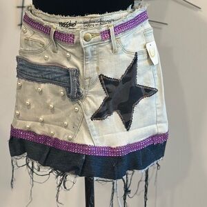 Denim Mini Skirt with Star Patch and Pearl Accents
